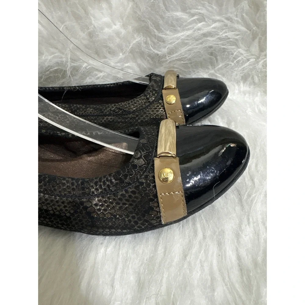 AGL Attilio Giusti Leombruni Black Snakeskin Patent Cap Toe Ballet Flats 38.5 EU